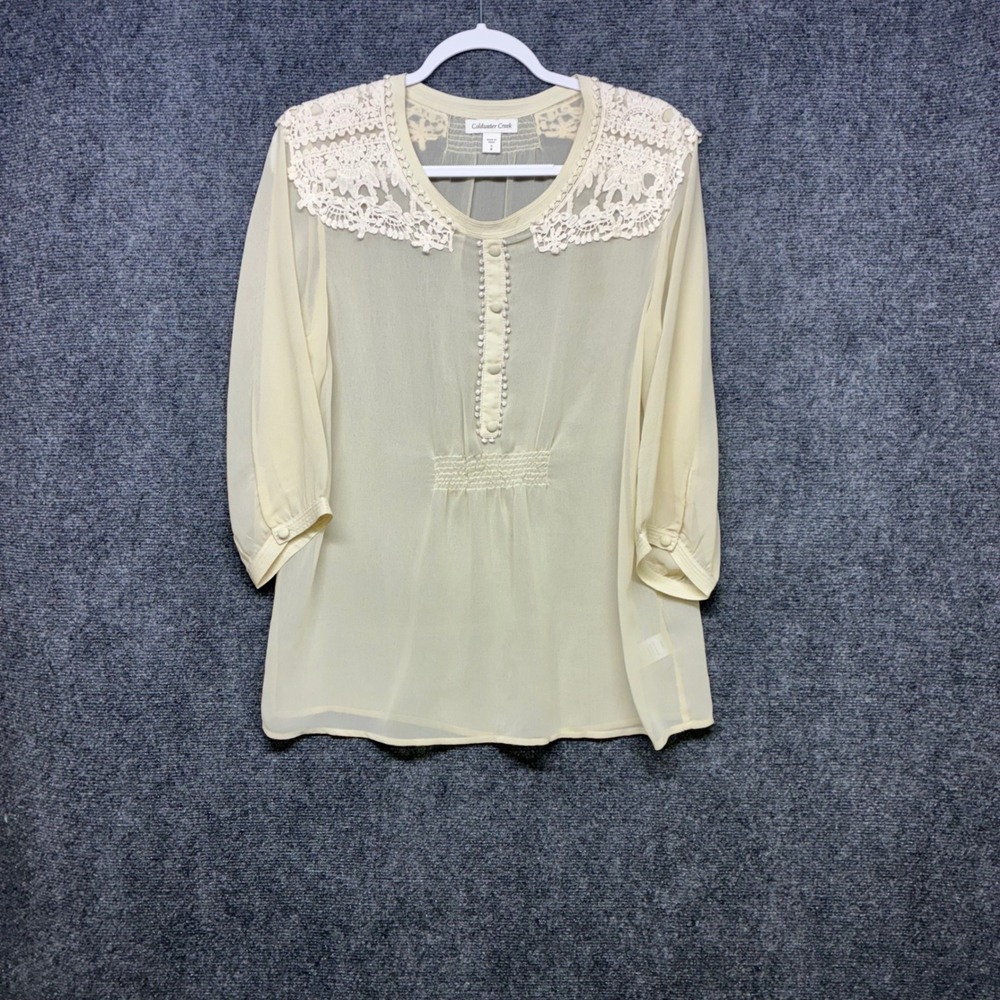 Coldwater Creek Crochet Lace Blouse Womens Size 8 Cream Sheer‎ 3/4 Sleeve Top